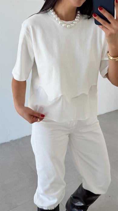 Ekru Eteği Tül Garnili Tshirt