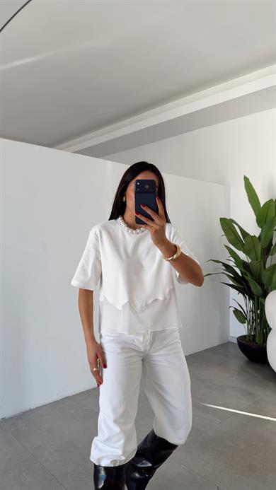 Ekru Eteği Tül Garnili Tshirt