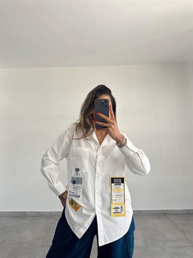 Ekru Etiket Detaylı Oversize Gömlek