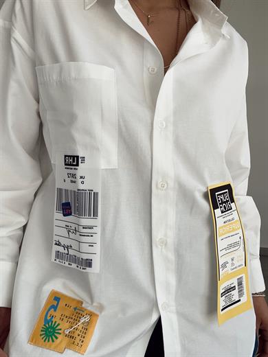 Ekru Etiket Detaylı Oversize Gömlek