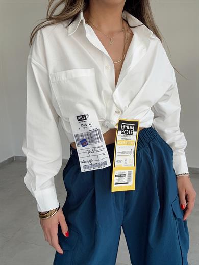 Ekru Etiket Detaylı Oversize Gömlek