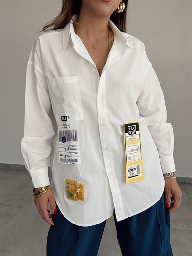 Ekru Etiket Detaylı Oversize Gömlek