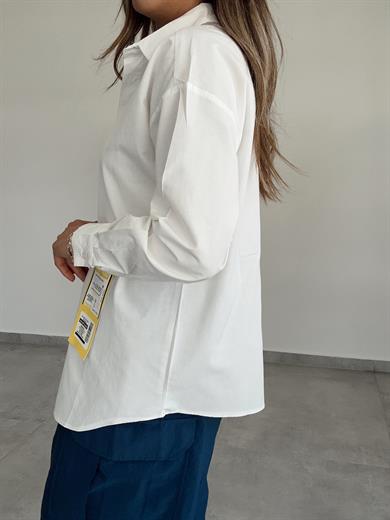 Ekru Etiket Detaylı Oversize Gömlek