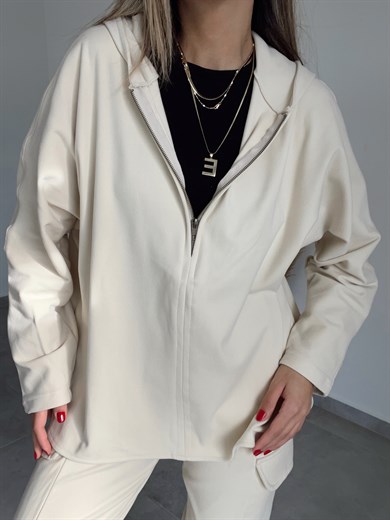 Ekru Fermuar Detaylı Polar Sweatshirt