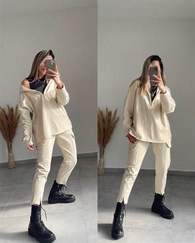 Ekru Fermuar Detaylı Polar Sweatshirt