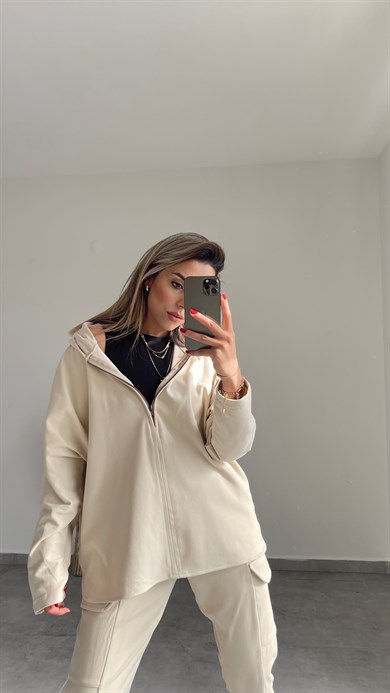 Ekru Fermuar Detaylı Polar Sweatshirt