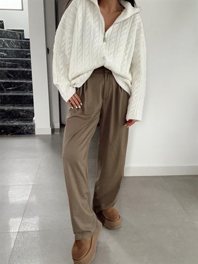 Ekru Fermuarlı Triko Kazak