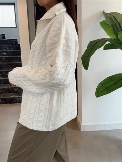 Ekru Fermuarlı Triko Kazak