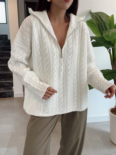 Ekru Fermuarlı Triko Kazak