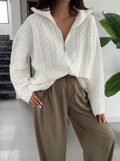 Ekru Fermuarlı Triko Kazak