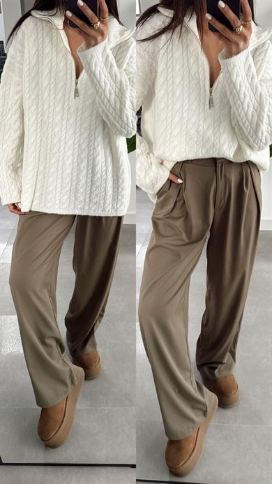 Ekru Fermuarlı Triko Kazak