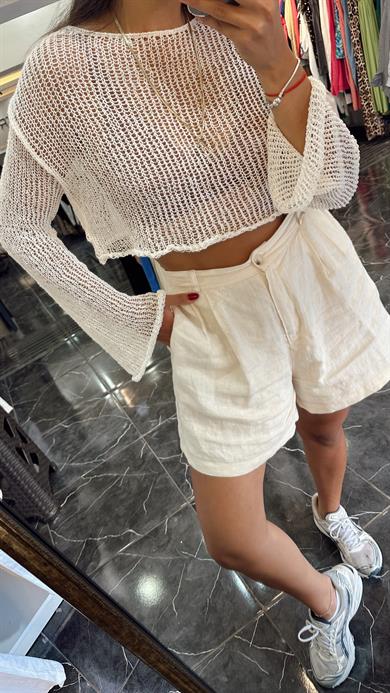 Ekru File Crop Bluz