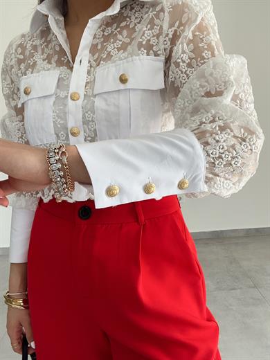 Ekru Güpürlü Gold Düğme Gömlek