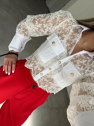 Ekru Güpürlü Gold Düğme Gömlek