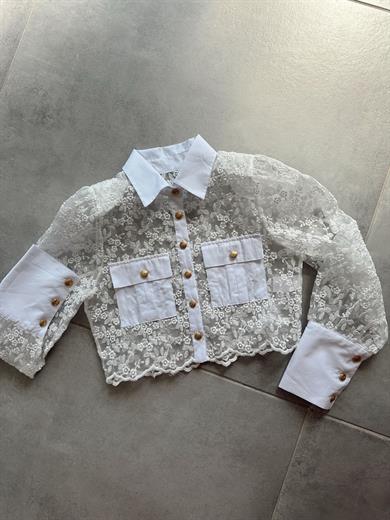 Ekru Güpürlü Gold Düğme Gömlek