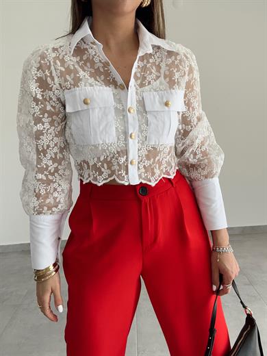 Ekru Güpürlü Gold Düğme Gömlek