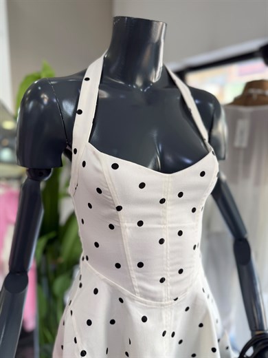 Ekru Halter Yaka Puantiyeli Elbise