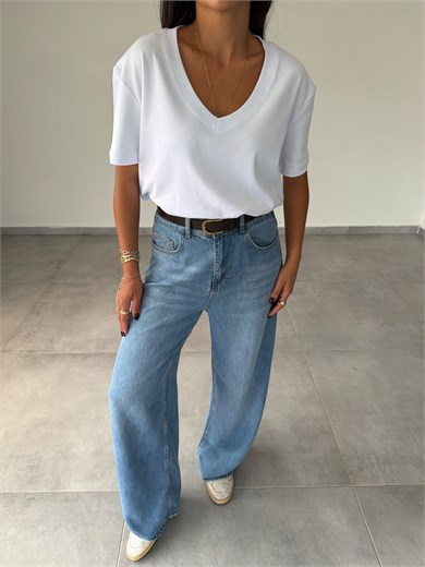 Ekru İnterlok V Yaka Tshirt