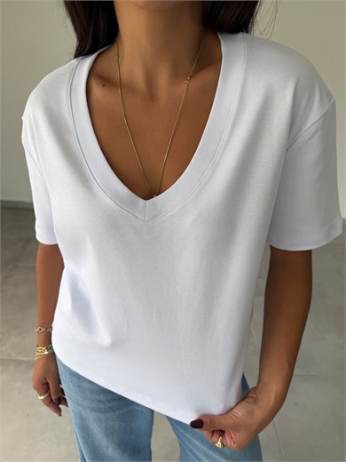 Ekru İnterlok V Yaka Tshirt