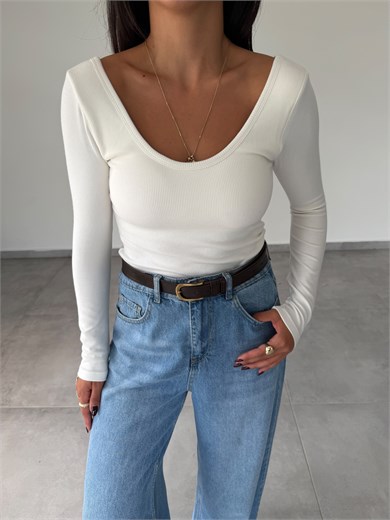 Ekru İpek Kaşkorse Gloplu Uzun Kollu Body