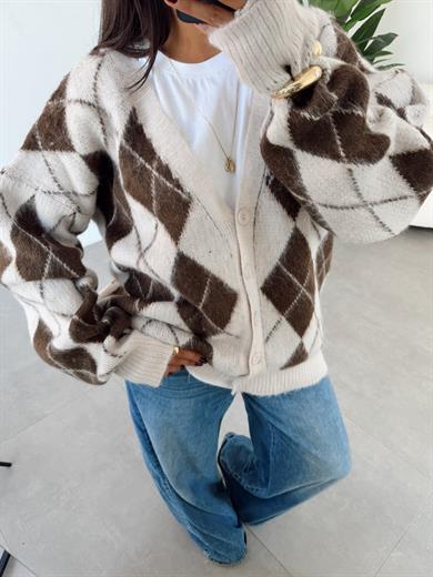 Ekru-Kahve Baklava Desenli Triko Hırka