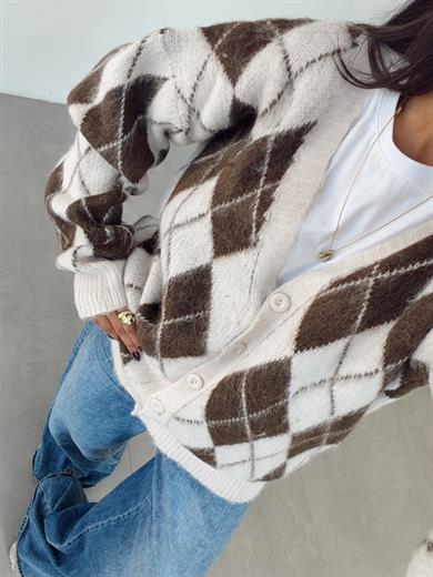 Ekru-Kahve Baklava Desenli Triko Hırka