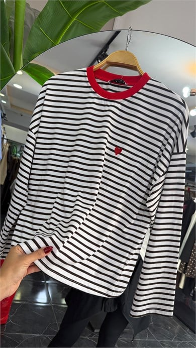 Ekru-Kahve Çizgili Kalp Nakışlı Sweatshirt