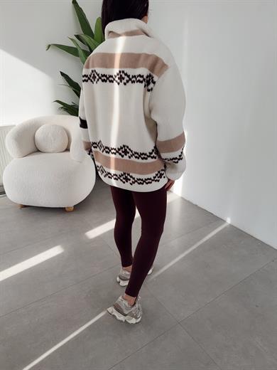 Ekru-Kahve Geyik Desenli Polar Sweatshirt