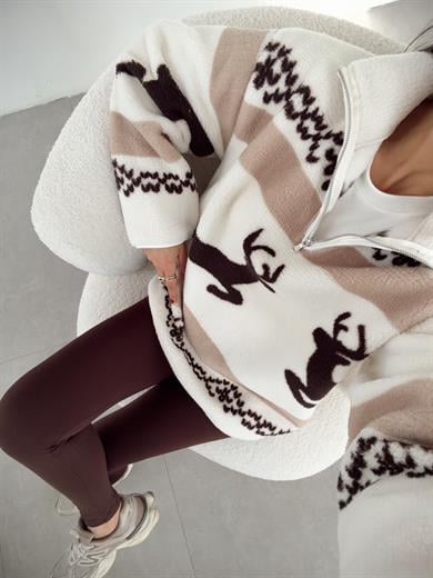 Ekru-Kahve Geyik Desenli Polar Sweatshirt