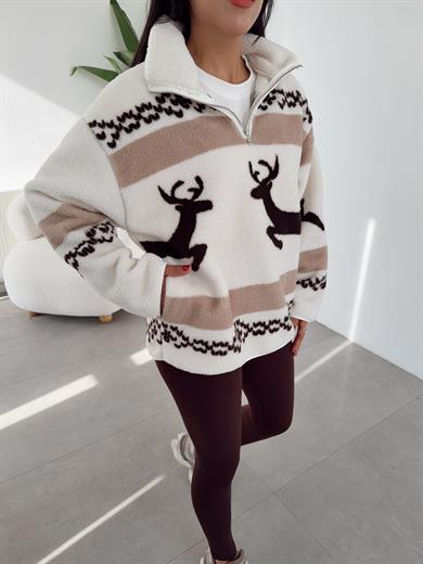 Ekru-Kahve Geyik Desenli Polar Sweatshirt