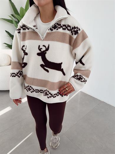 Ekru-Kahve Geyik Desenli Polar Sweatshirt