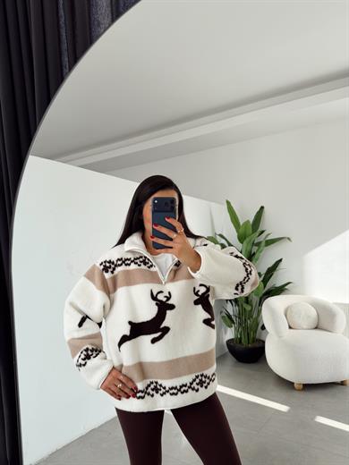 Ekru-Kahve Geyik Desenli Polar Sweatshirt