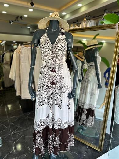 Ekru-Kahve Hint Elbise