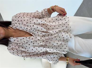 Ekru Kahve Puantiyeli Önü Volan Gömlek