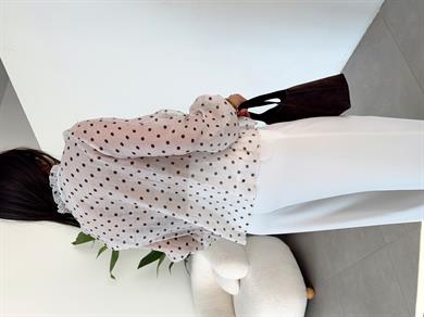 Ekru Kahve Puantiyeli Önü Volan Gömlek