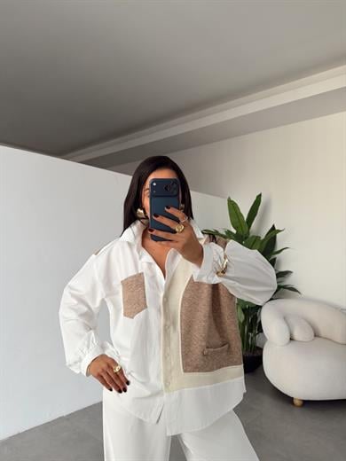 Ekru-Kahve Triko Detaylı Tasarım Gömlek