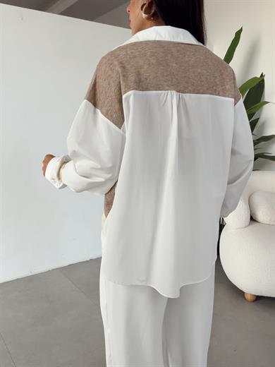 Ekru-Kahve Triko Detaylı Tasarım Gömlek