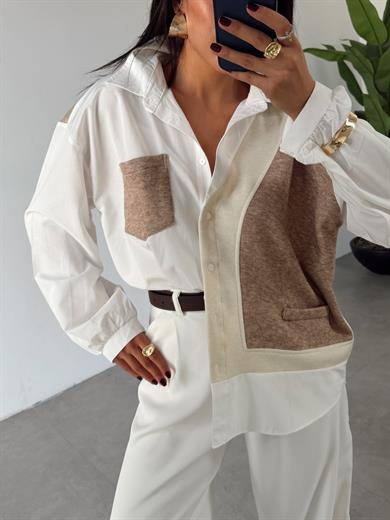 Ekru-Kahve Triko Detaylı Tasarım Gömlek