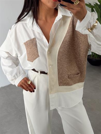 Ekru-Kahve Triko Detaylı Tasarım Gömlek