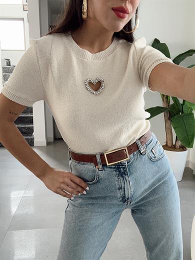 Ekru Kalp Detaylı Bluz