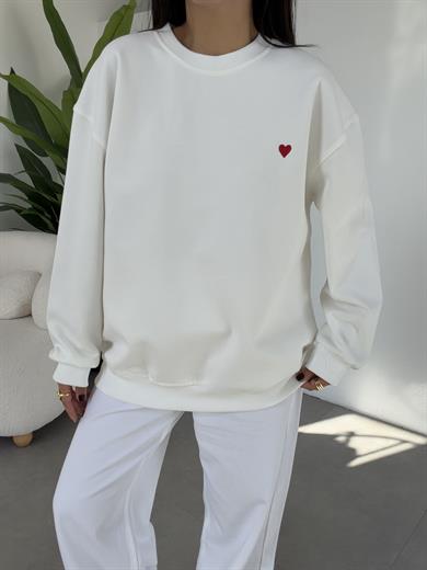 Ekru Kalp Nakışlı Sweatshirt