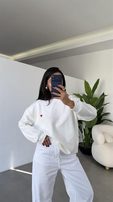 Ekru Kalp Nakışlı Sweatshirt