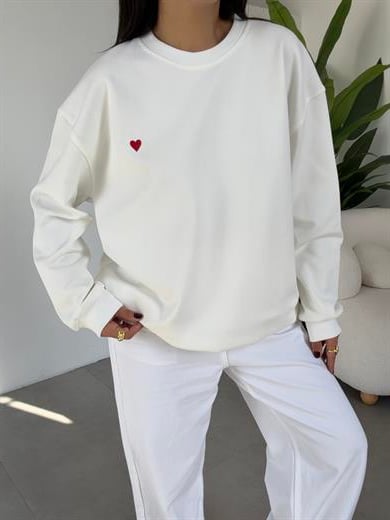 Ekru Kalp Nakışlı Sweatshirt