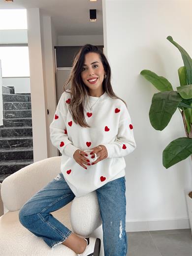 Ekru Kalp Nakışlı Triko Kazak