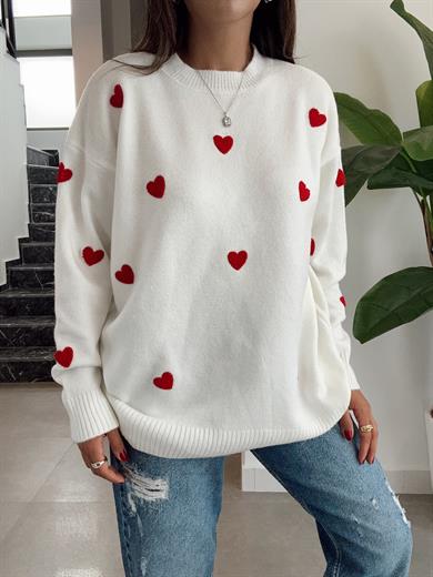 Ekru Kalp Nakışlı Triko Kazak