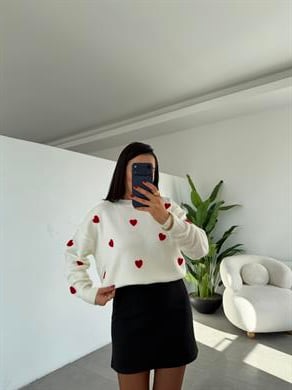 Ekru Kalp Nakışlı Triko Kazak