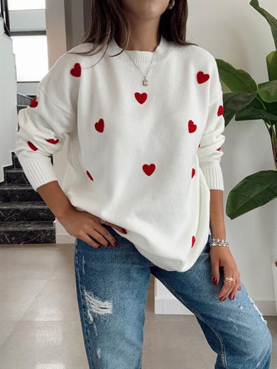 Ekru Kalp Nakışlı Triko Kazak