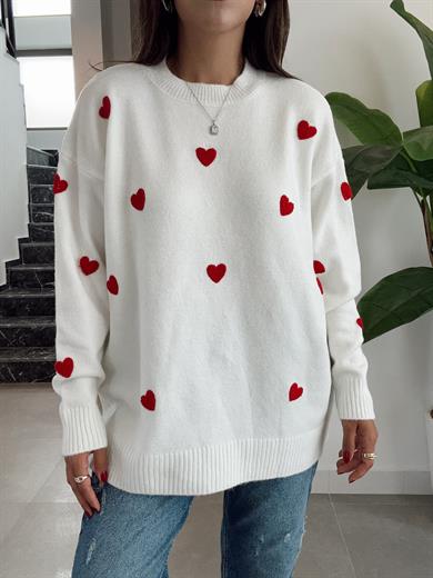 Ekru Kalp Nakışlı Triko Kazak