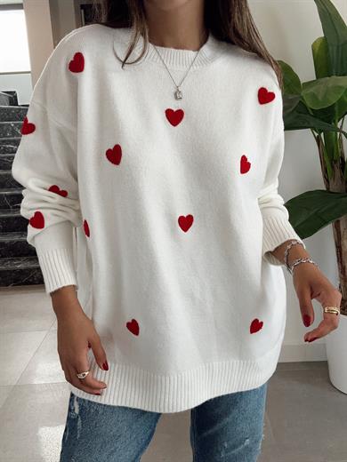 Ekru Kalp Nakışlı Triko Kazak