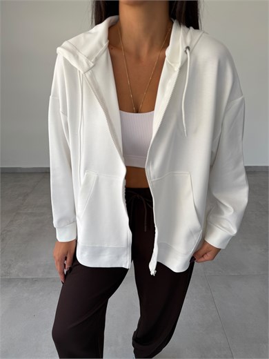 Ekru Kapüşonlu Fermuarlı Rahat Kesim Sweatshirt